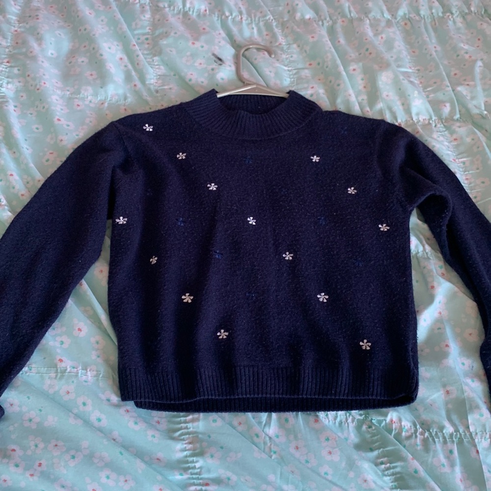qed embroidered navy turtleneck sweater